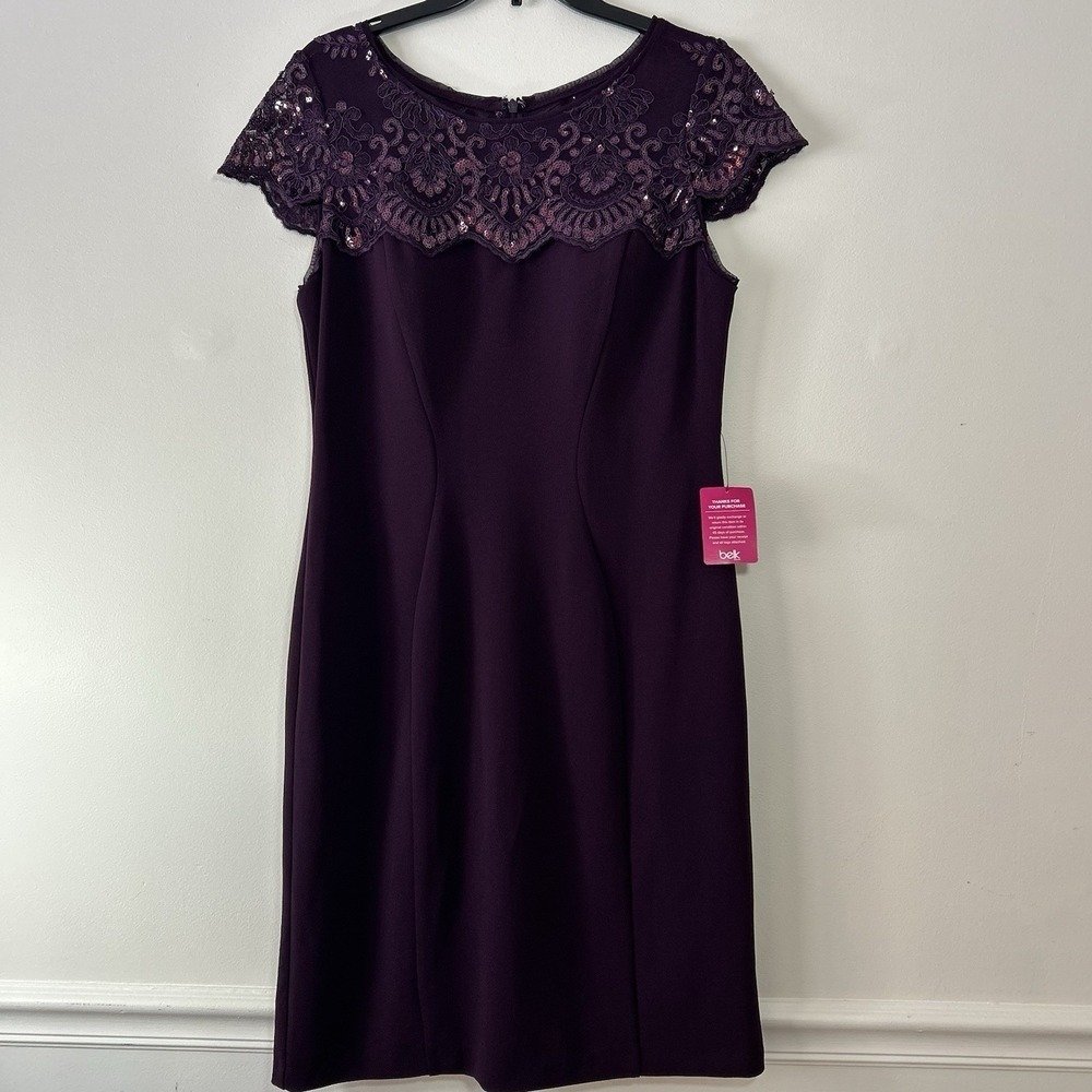 ALEX EVENINGS Deep Plum Mock Neck Short Sleeve Lace Sequin Cocktail Dress Sz 10